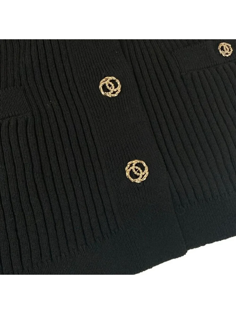 Chanel Jacket 36 S Black Knit Shoulder Pad CC Logo Button Long Sleeve Cotton